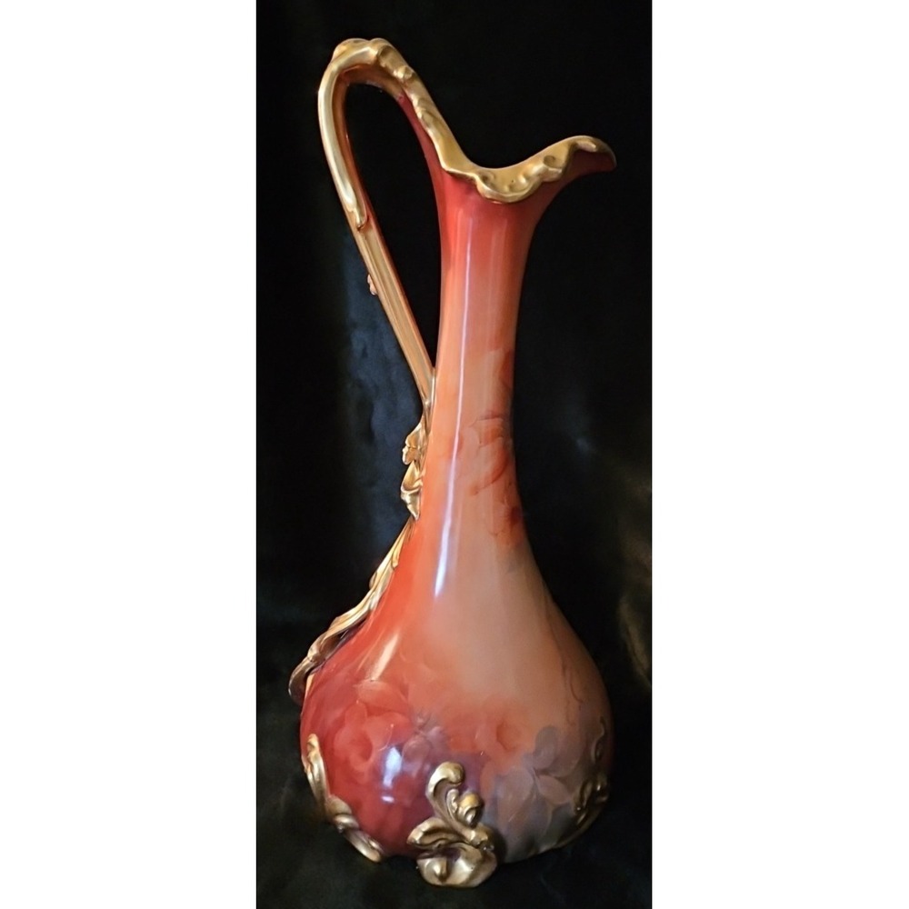 1890s Limoges 15 3/4" French Porcelain Art Nouveau Ewer With Handpainted Roses